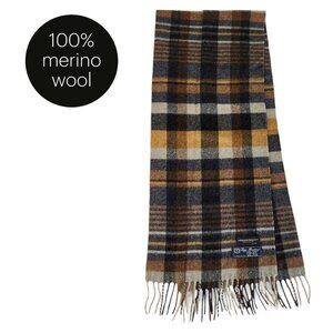 FINE MERINOS Brown Plaid Merino Wool Fringe Scarf made in Italy